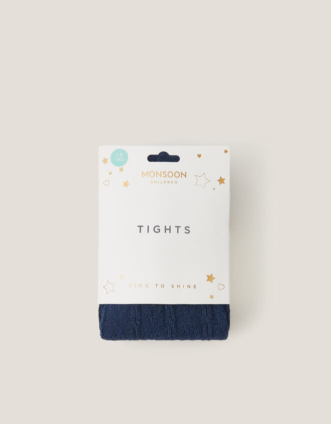 Cable Heart Glitter Tights, Blue (NAVY), large