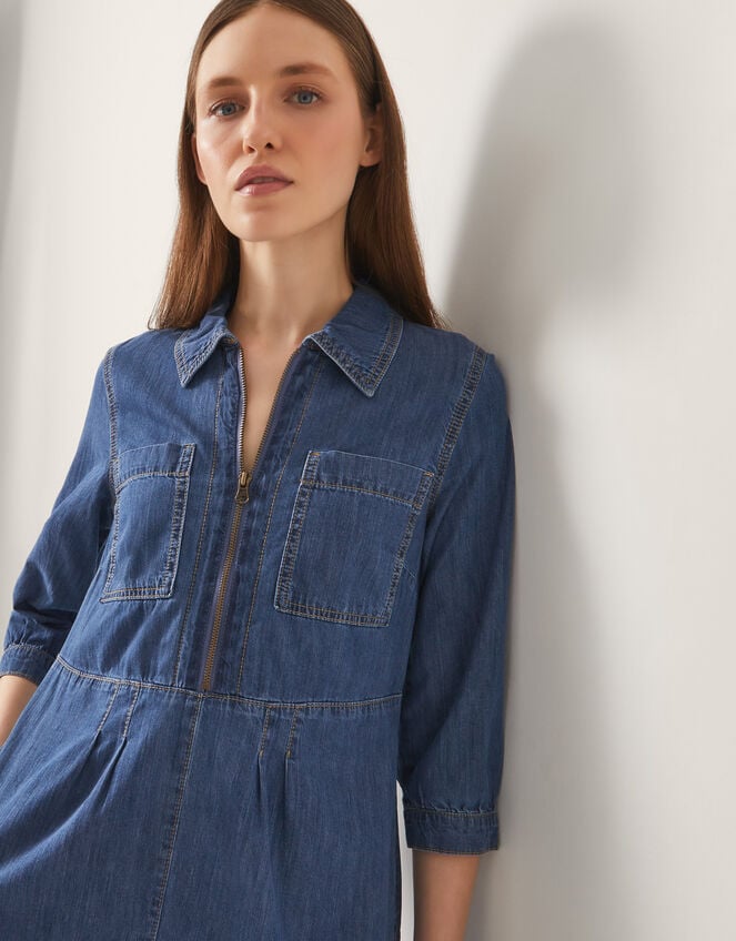 Bonnie Zip Denim Shirt Dress, Blue (MID AUTHENTIC BLUE), large