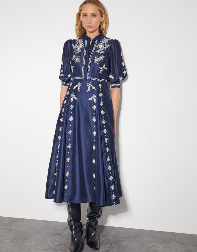 Nadia Embroidered Midi Shirt Dress, Blue (NAVY), large