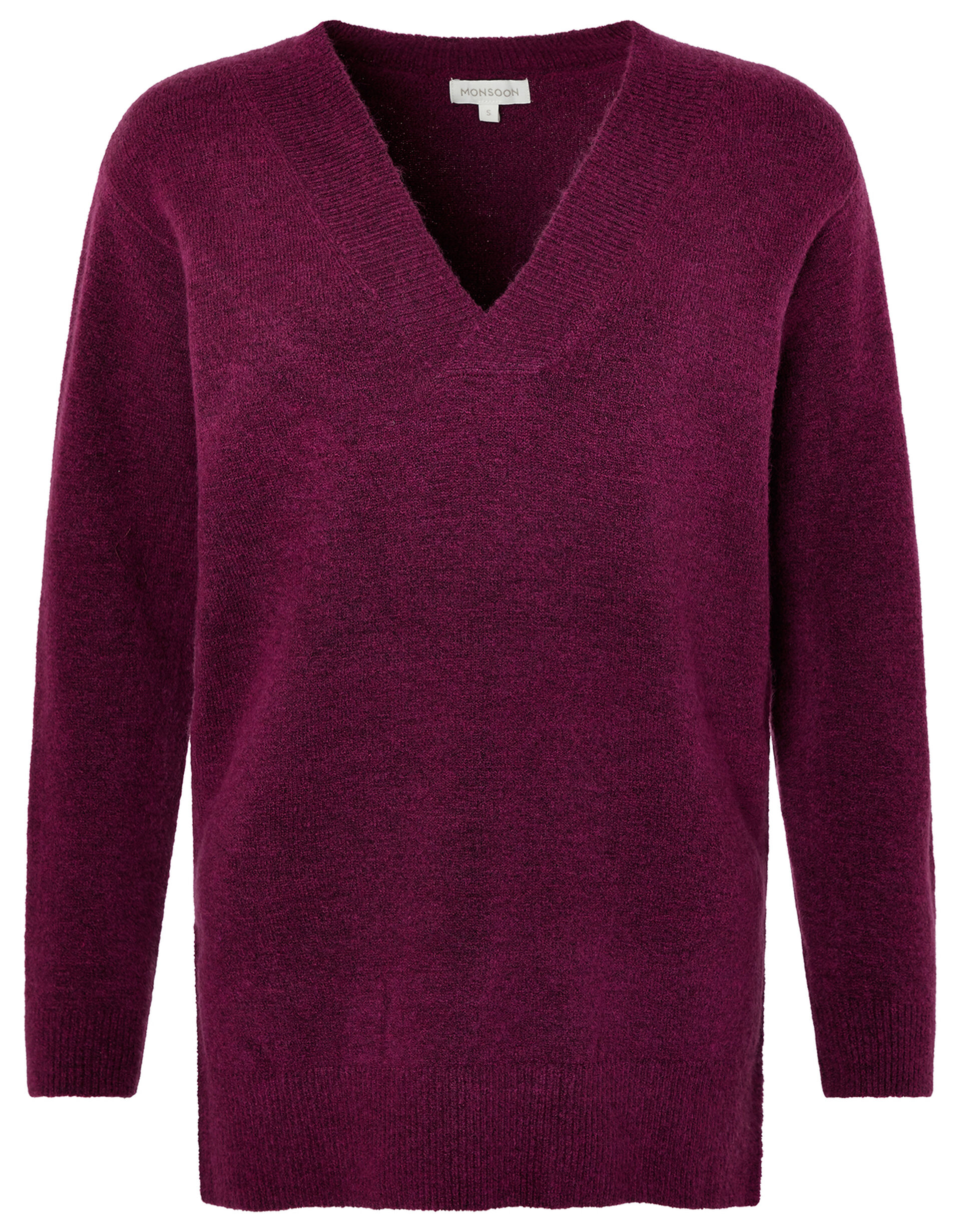 V-Neck Stepped Hem Knit Jumper, Pink (PINK), large