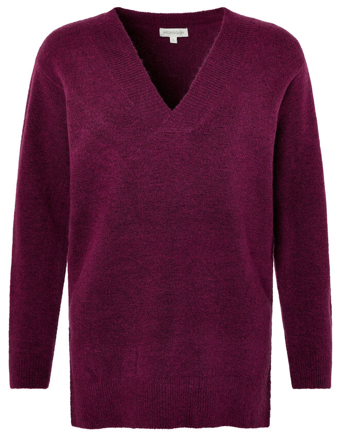 V-Neck Stepped Hem Knit Jumper, Pink (PINK), large