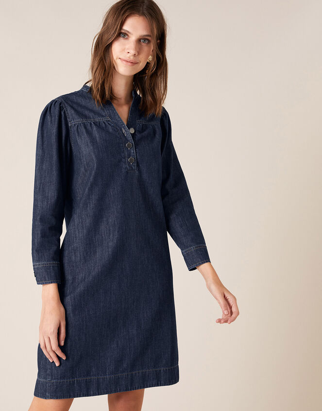 Knee-Length Denim Dress, Blue (BLUE), large