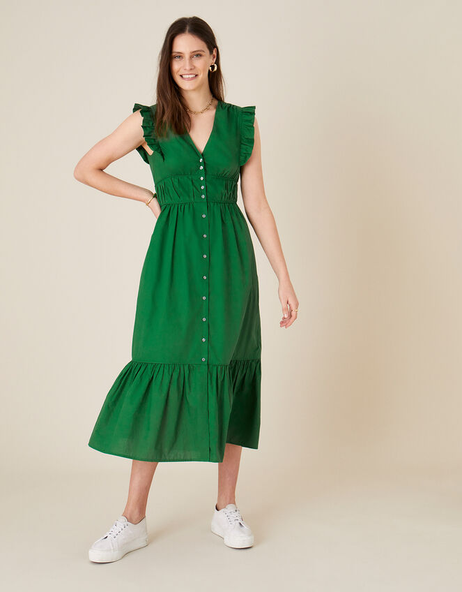 Tiered Midi Dress in Pure Cotton, Green (GREEN), large