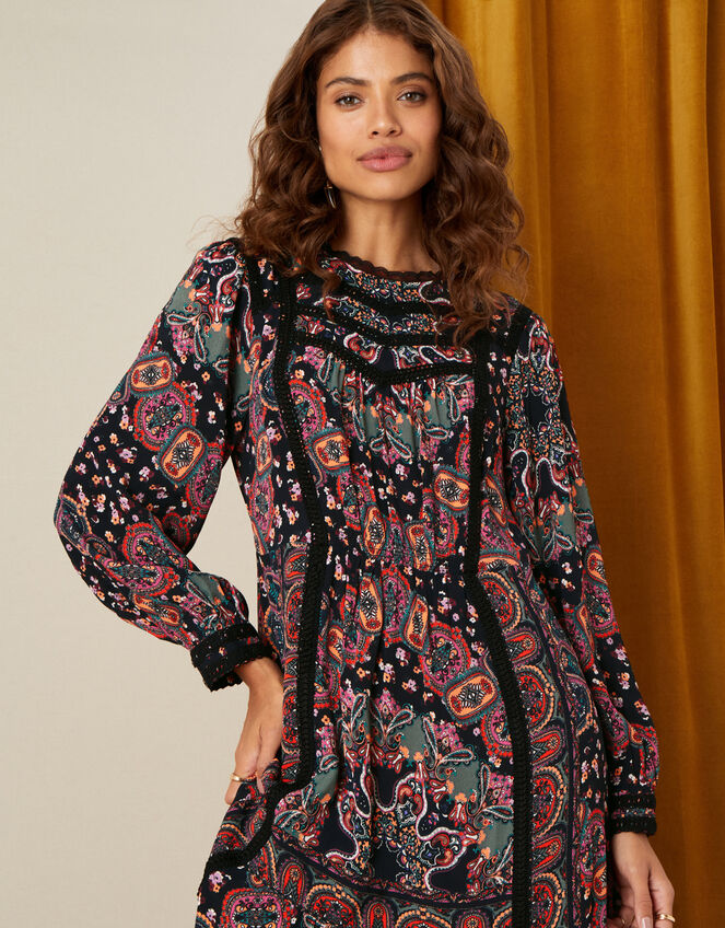 Lace Trim Printed Midi Dress, Black (BLACK), large