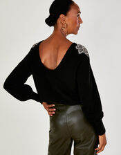 Embellished Shoulder Scoop Neck Jumper, Black (BLACK), large