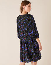 Floral Zip Neck Short Dress, Black (BLACK), large