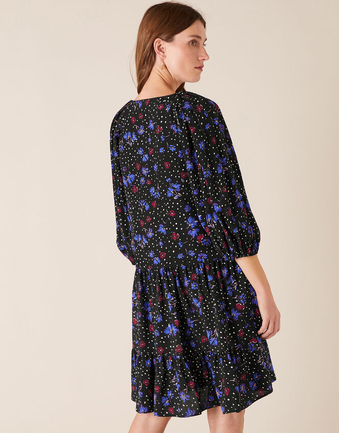 Floral Zip Neck Short Dress, Black (BLACK), large
