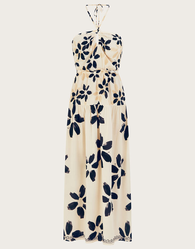 Abstract Floral Print Halter Neck Dress Ivory