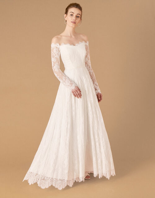 Cecily Bridal Bardot Lace Maxi Dress, Ivory (IVORY), large