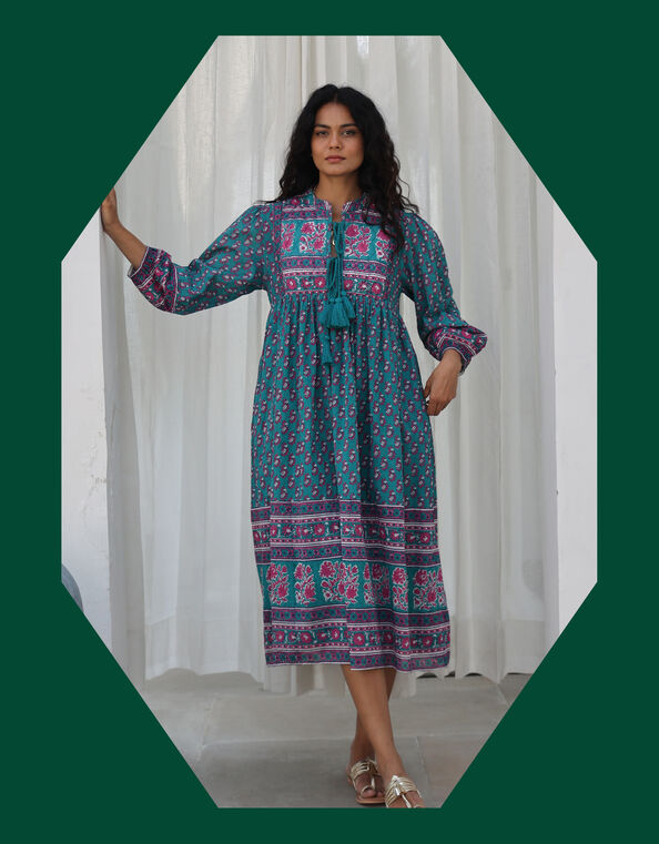 Dilli Grey Priya Block Print Midi Dress, Teal (TEAL), large