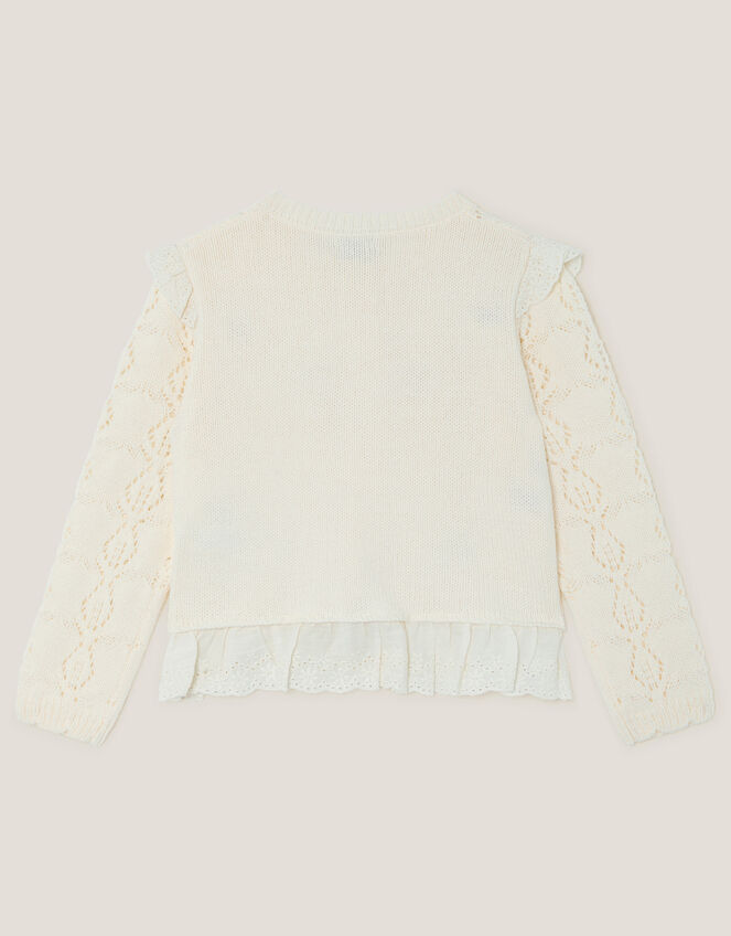 Embroidered Frill Pointelle Cardigan, Ivory (IVORY), large