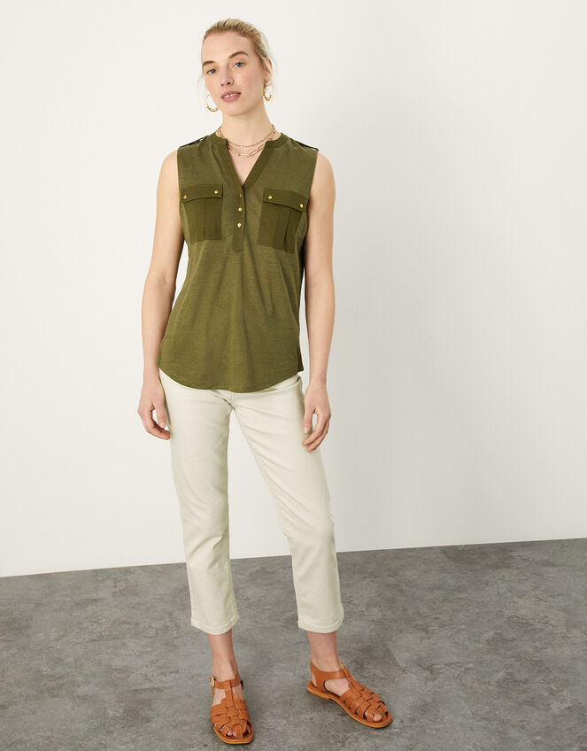Woven Linen Tank Top, Green (KHAKI), large