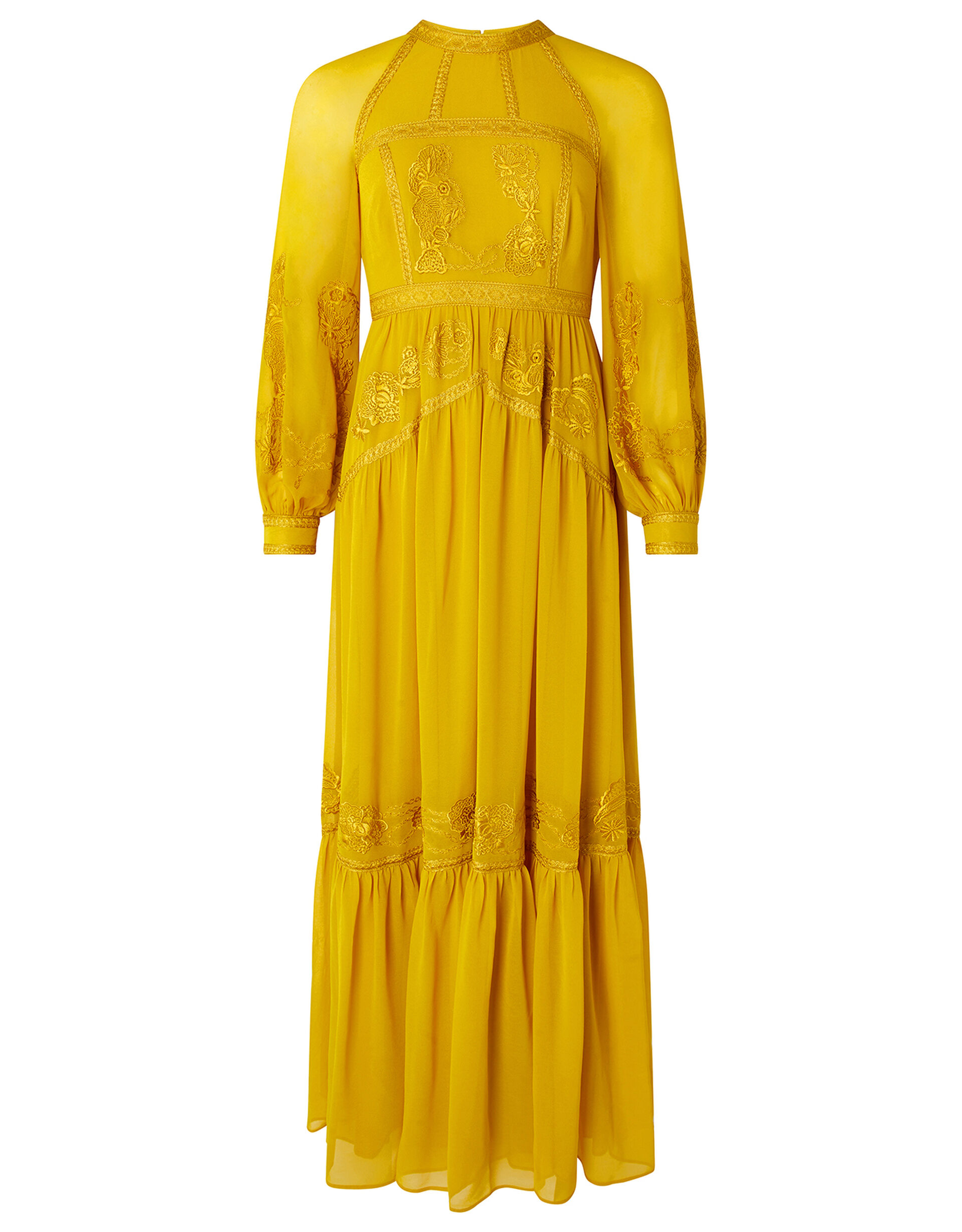 Florence Embroidered Long-Sleeve Maxi Dress, Yellow (YELLOW), large