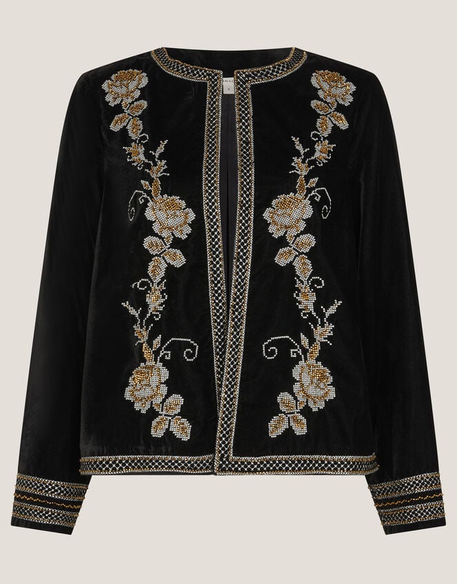 Heather Floral Embellished Velvet Jacket, Black (BLACK), large