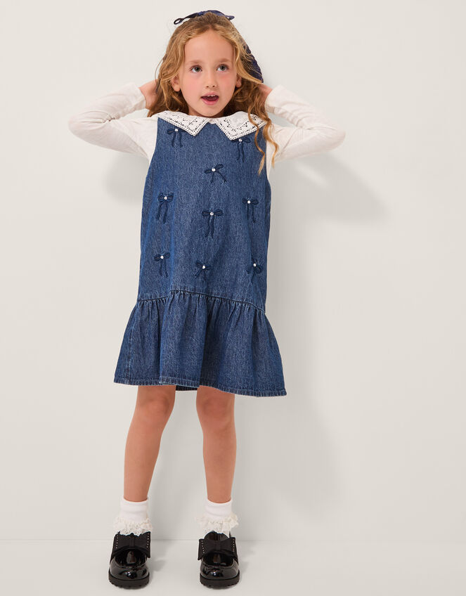 Collar Top & Chambray Bow Dress Set, Blue (BLUE), large