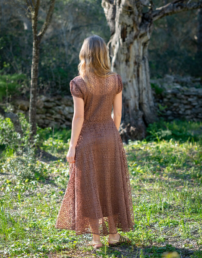 Lyrical Sisters Lace Maxi Shirt Dress, Brown (BROWN), large