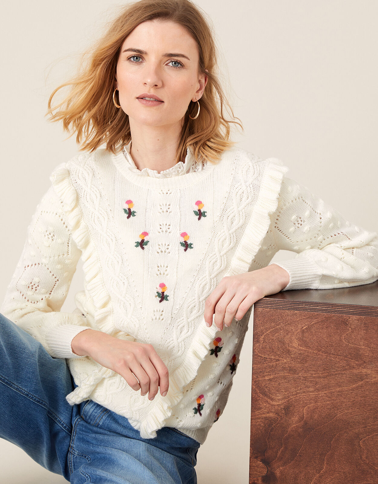 Embroidered Chunky Knit Jumper Ivory