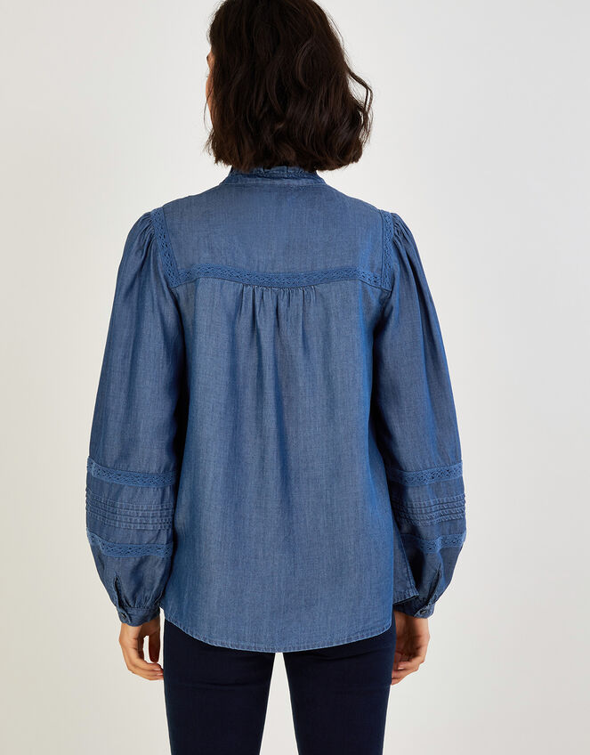 Lace Insert Denim Chambray Blouse Blue