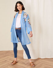Sheer Embroidered Longline Kimono , Blue (BLUE), large
