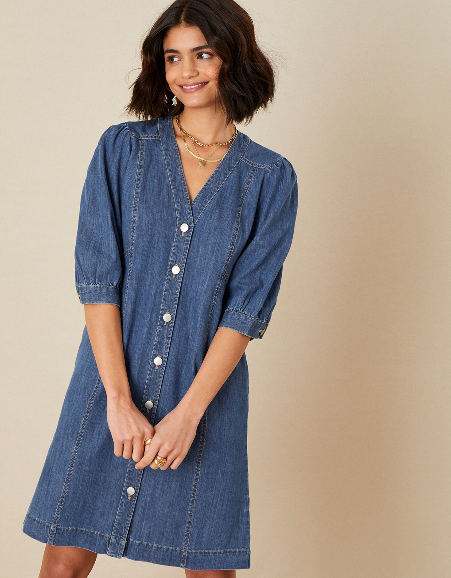 Dusk Blue Bowknot Puff Sleeve Denim Dress main image 1