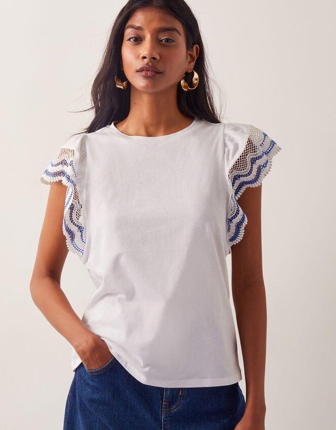 India Embroidered Flutter-Sleeve Top, Ivory (IVORY), large