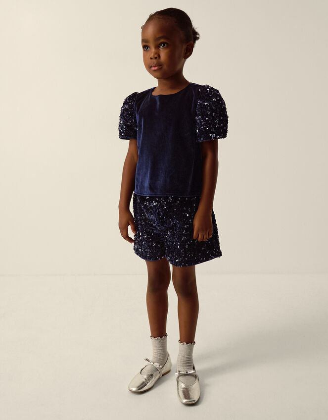 Iona Sequin Velvet T-Shirt & Shorts Set, Blue (NAVY), large