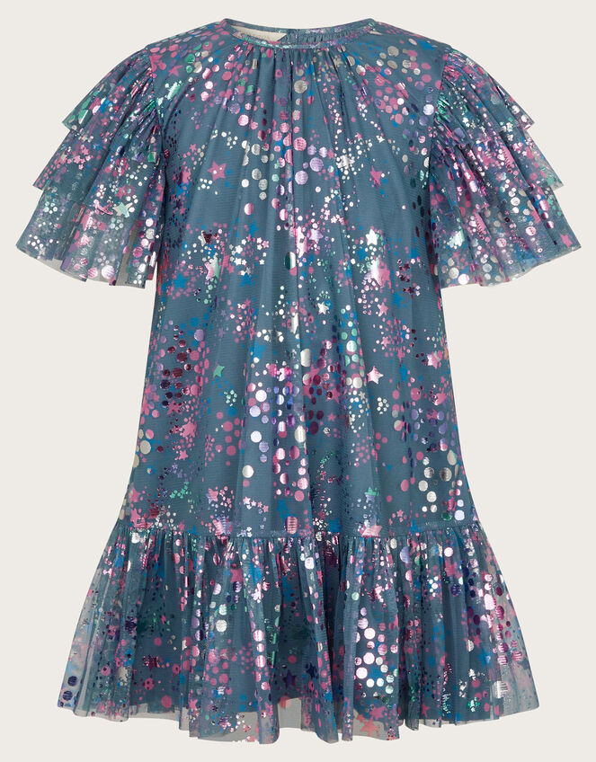 Frilly Sleeve Metallic Print Mesh Dress, Grey (GREY), large
