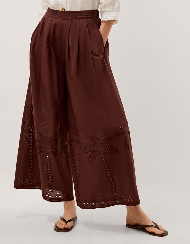 Eden Palm Cutwork Wide Leg Trousers , Brown (BROWN), large