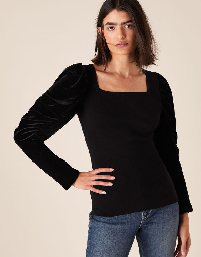 Velvet Sleeve Jumper, Black (BLACK), large