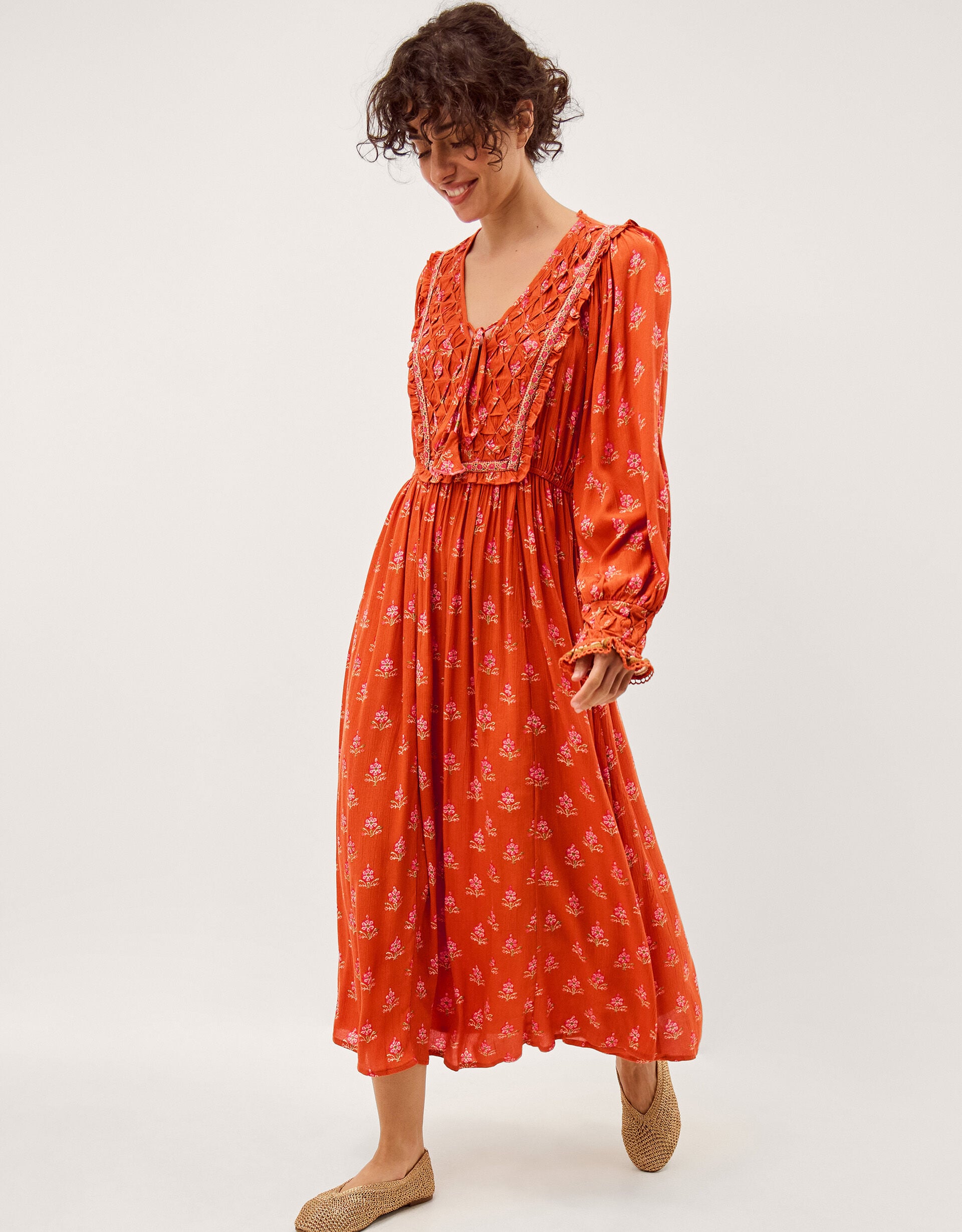 Amaya Floral Print Midi Dress Orange