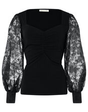 Amina Floral Organza Sleeve Top, Black (BLACK), large