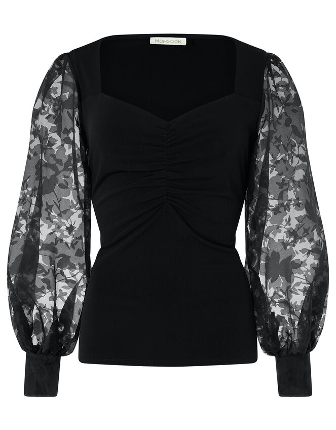 Amina Floral Organza Sleeve Top, Black (BLACK), large