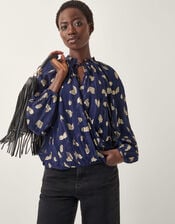 Angela Leaf Print Wrap Blouse, Blue (NAVY), large