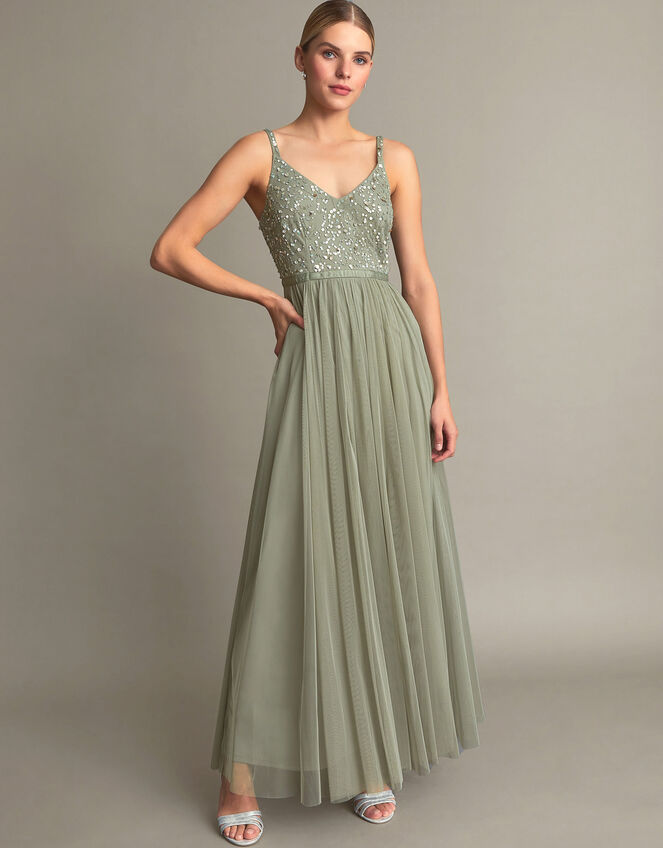 Autumn Embellished Maxi Dress in Recycled Polyester, Green (GREEN), large