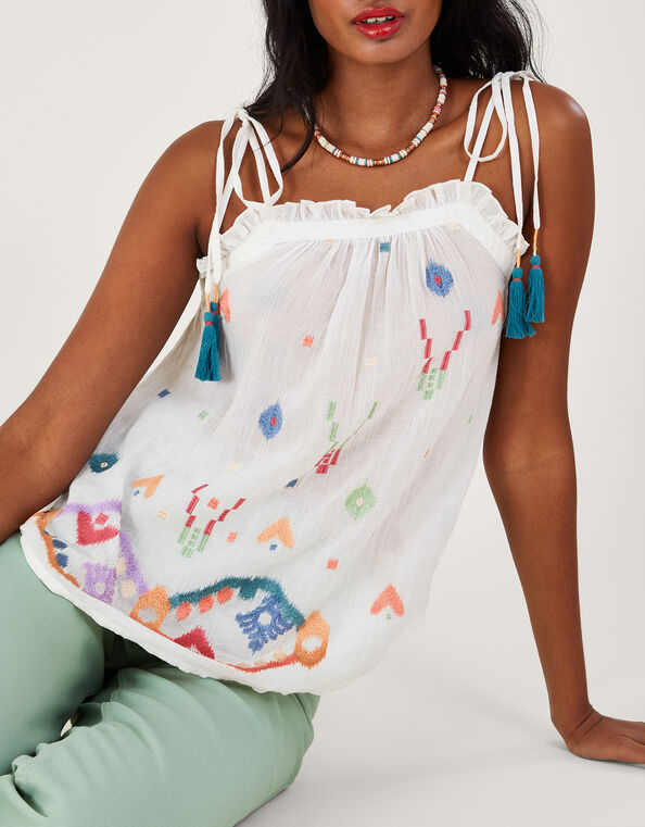 Geometric Abstract Embroidered Cami, White (WHITE), large