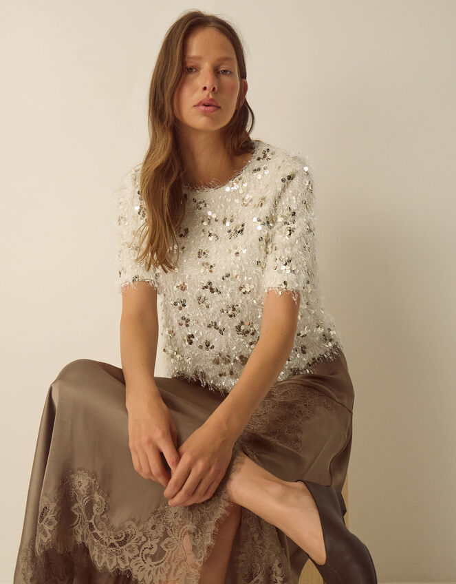 Saskia Short Sleeve Sequin Fringe Top , Ivory (IVORY), large