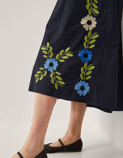Shona Embroidered Puff-Sleeve Midi Dress, Black (BLACK), large