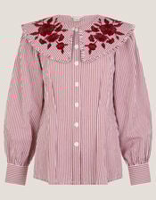 Marta Floral Embroidered Stripe Shirt, Red (CHERRY), large