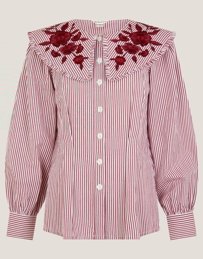 Marta Floral Embroidered Stripe Shirt, Red (CHERRY), large
