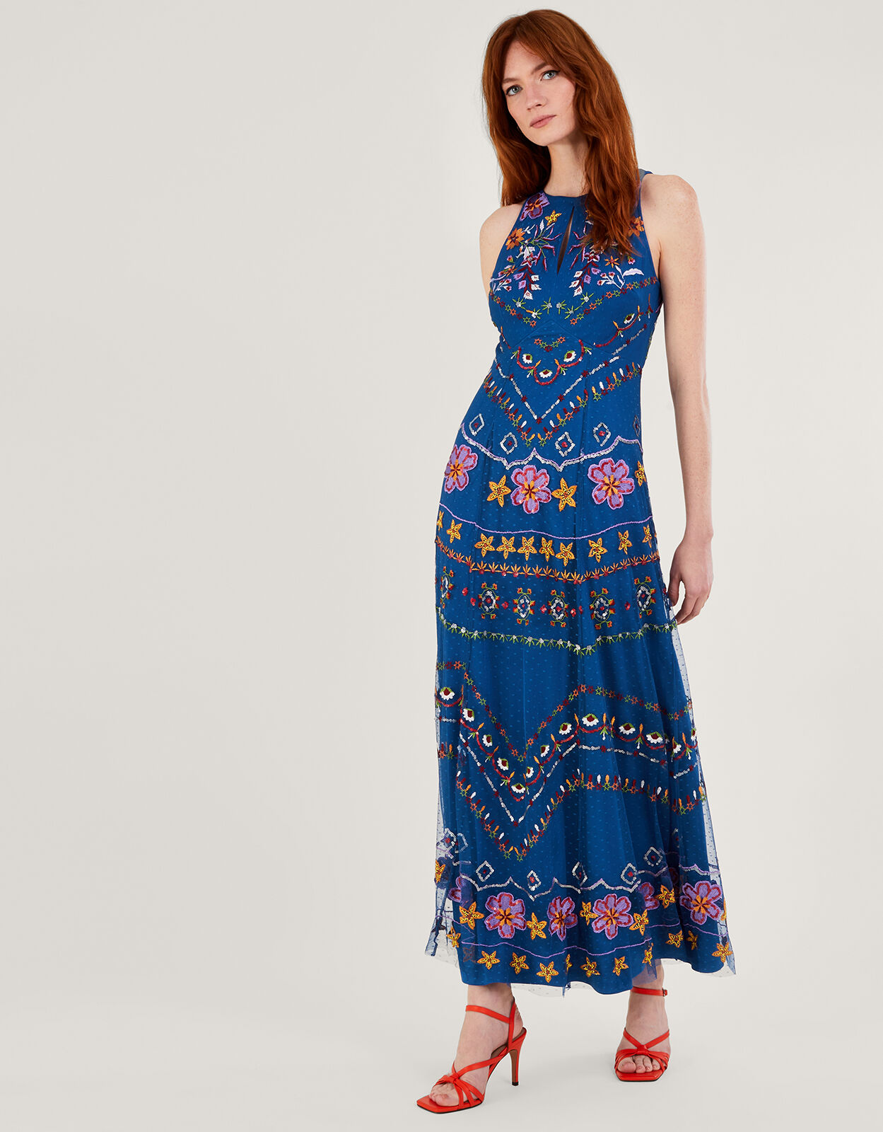 Theodora Embroidered Maxi Dress in Recycled Polyester Blue