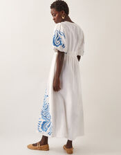 Maria Embroidered Puff Sleeve Midi Dress, White (WHITE), large