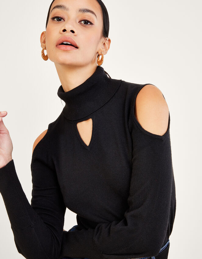 Cold-Shoulder Roll Neck Jumper, Black (BLACK), large