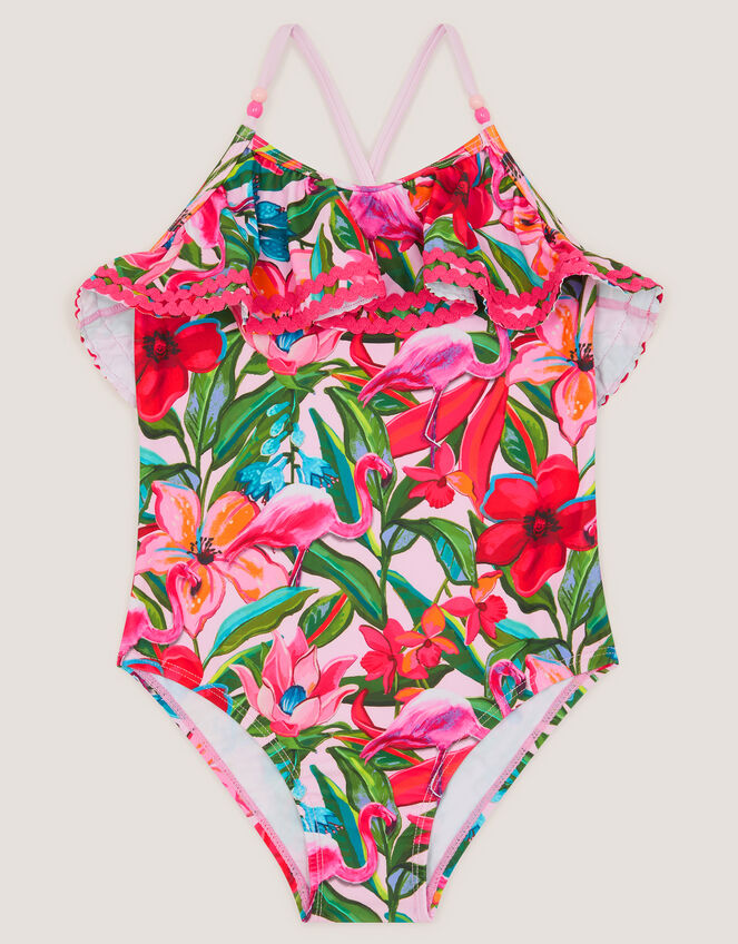 Flamingo Print Frill Swimsuit, Pink (PINK), large