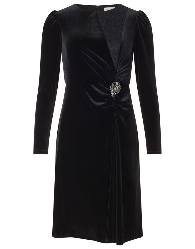 Hannah Crystal Brooch Stretch Velvet Dress, Black (BLACK), large