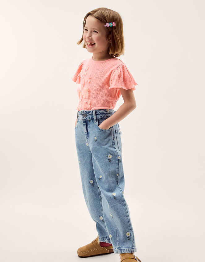 Daisy Embroidered Barrel Jeans, Blue (BLUE), large