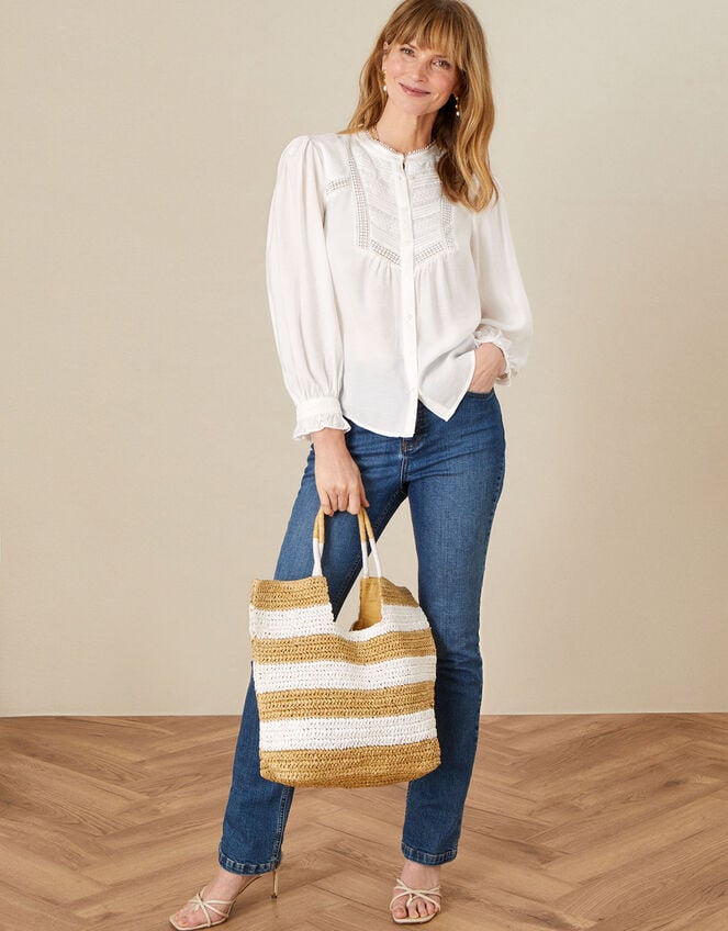 Verna Lace Insert Plain Blouse, Ivory (IVORY), large