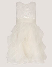 Sequin Embellished Ruffle Party Dress, White (WARM IVORY), large