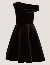 One-Shoulder Velvet Skater Dress, Black (BLACK), large