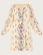 Aztec Print and Embroidered Short Dress, Ivory (IVORY), large