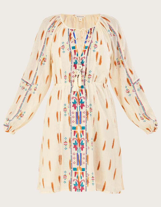 Aztec Print and Embroidered Short Dress, Ivory (IVORY), large